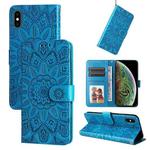 For iPhone X / XS Embossed Sunflower Leather Phone Case(Blue)