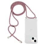 For iPhone 14 Plus Four-Corner Shockproof Transparent TPU Case with Lanyard (Purple Red)
