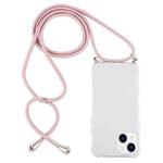 For iPhone 14 Plus Four-Corner Shockproof Transparent TPU Case with Lanyard (Pink)