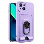 For iPhone 14 Plus Ring Kickstand Card Wallet TPU Phone Case (Purple)