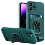 For iPhone 14 Pro Ring Kickstand Card Wallet TPU Phone Case(Night Green)