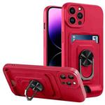 For iPhone 14 Pro Max Ring Kickstand Card Wallet TPU Phone Case (Red)