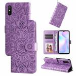 For Xiaomi Redmi 9A Embossed Sunflower Leather Phone Case(Purple)