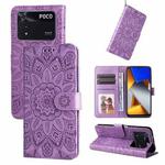 For Xiaomi Poco M4 Pro 4G Embossed Sunflower Leather Phone Case(Purple)