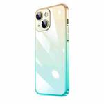 For iPhone 14 Transparent Electroplated PC Gradient Phone Case (Cyan-blue Gold)