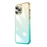 For iPhone 14 Pro Max Transparent Electroplated PC Gradient Phone Case (Cyan-blue Gold)