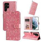 For Samsung Galaxy S22 Ultra 5G Embossed Sunflower Leather Phone Case(Pink)