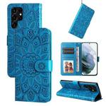 For Samsung Galaxy S22 Ultra 5G Embossed Sunflower Leather Phone Case(Blue)