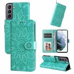 For Samsung Galaxy S21 5G Embossed Sunflower Leather Phone Case(Green)