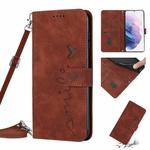 For Samsung Galaxy S21+ Skin Feel Heart Pattern Leather Phone Case With Lanyard(Brown)