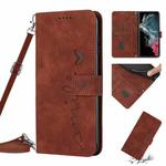 For Samsung Galaxy S22 Ultra Skin Feel Heart Pattern Leather Phone Case With Lanyard(Brown)