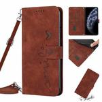 For iPhone 11 Pro Skin Feel Heart Pattern Leather Phone Case With Lanyard (Brown)