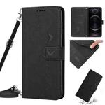 For iPhone 12 / 12 Pro Skin Feel Heart Pattern Leather Phone Case with Lanyard(Black)