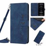 For iPhone 12 / 12 Pro Skin Feel Heart Pattern Leather Phone Case with Lanyard(Blue)