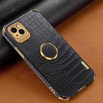 For iPhone 14 Pro Max 6D Electroplating Crocodile Texture Phone Case With Holder (Black)