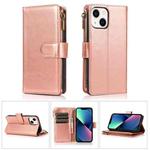 For iPhone 14 Multifunctional 9 Card Slots Leather Case (Rose Gold)