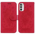 For Motorola Moto G62 5G Butterfly Rose Embossed Leather Phone Case(Red)