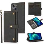 For iPhone 14 Plus Lanyard Leather Phone Case (Black)