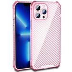For iPhone 14 Plus Carbon Fiber Texture Shockproof Phone Case (Transparent Pink)
