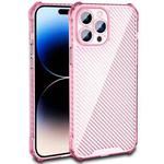 For iPhone 14 Pro Max Carbon Fiber Texture Shockproof Phone Case (Transparent Pink)