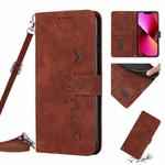 For iPhone 14 Plus Skin Feel Heart Pattern Leather Phone Case With Lanyard (Brown)
