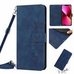 For iPhone 14 Plus Skin Feel Heart Pattern Leather Phone Case With Lanyard (Blue)