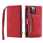 For iPhone 14 Pro Max Zipper Card Leather Phone Case (Red)