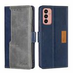 For Samsung Galaxy M13 Contrast Color Side Buckle Leather Phone Case(Blue+Grey)