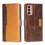 For Samsung Galaxy M13 Contrast Color Side Buckle Leather Phone Case(Dark Brown+Gold)