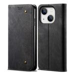 For iPhone 14 Plus Denim Texture Casual Style Leather Phone Case (Black)
