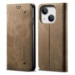 For iPhone 14 Plus Denim Texture Casual Style Leather Phone Case (Khaki)