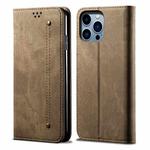 For iPhone 14 Pro Max Denim Texture Casual Style Leather Phone Case(Khaki)