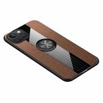 For iPhone 14 Plus XINLI Stitching Cloth Textue Ring Holder TPU Case (Brown)