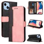 For iPhone 14 Plus Stitching-color Leather Phone Case (Pink)