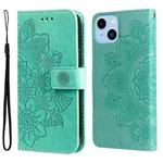 For iPhone 14 Plus 7-petal Flowers Embossing Leather Case (Green)