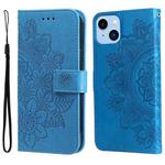 For iPhone 14 Plus 7-petal Flowers Embossing Leather Case (Blue)
