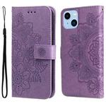 For iPhone 14 Plus 7-petal Flowers Embossing Leather Case (Light Purple)