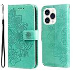 For iPhone 14 Pro 7-petal Flowers Embossing Leather Case(Green)