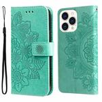 For iPhone 14 Pro Max 7-petal Flowers Embossing Leather Case (Green)