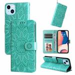 For iPhone 14 Embossed Sunflower Leather Phone Case (Green)