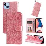 For iPhone 14 Plus Embossed Sunflower Leather Phone Case (Pink)