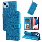 For iPhone 14 Plus Embossed Sunflower Leather Phone Case (Blue)