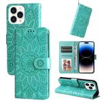 For iPhone 14 Pro Embossed Sunflower Leather Phone Case(Green)
