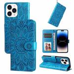 For iPhone 14 Pro Max Embossed Sunflower Leather Phone Case (Blue)