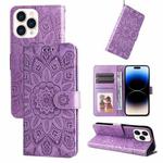 For iPhone 14 Pro Max Embossed Sunflower Leather Phone Case (Purple)