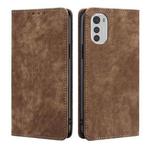 For Motorola Moto E32 4G RFID Anti-theft Brush Magnetic Leather Phone Case(Brown)