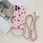For iPhone 12 Pro Max Lanyard Small Floral TPU Phone Case(Pink Lanyard + Red Flower)