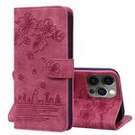 For iPhone 13 Pro Cartoon Sakura Cat Embossed Leather Case (Wine Red)