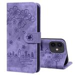 For iPhone 12 mini Cartoon Sakura Cat Embossed Leather Case (Purple)