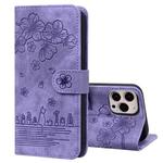 For iPhone 12 Pro Max Cartoon Sakura Cat Embossed Leather Case(Purple)